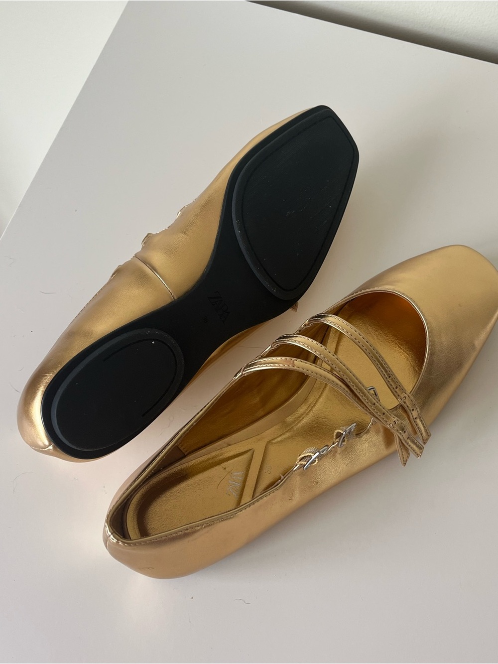 New Zara Gold Women's Mary Jane Flats with Strappy Detail- size 39